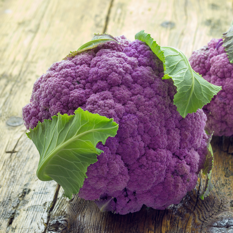 Purple Violetta cauliflower seeds from SeedsNow, showcasing vibrant purple cauliflower heads and green leafy tops.
