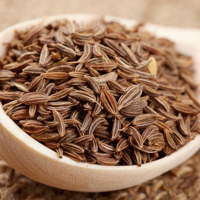 Close-up of fresh Caraway seeds in a glass jar, showcasing the aromatic seeds used in cooking and baking.